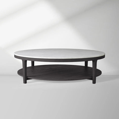 Danny Round Marble Top Coffee Table Oak Wood Base Cocktail Table Living Room Center Tea Table