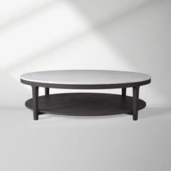 Danny Round Marble Top Coffee Table Oak Wood Base Cocktail Table Living Room Center Tea Table