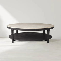 Danny Round Marble Top Coffee Table Oak Wood Base Cocktail Table Living Room Center Tea Table