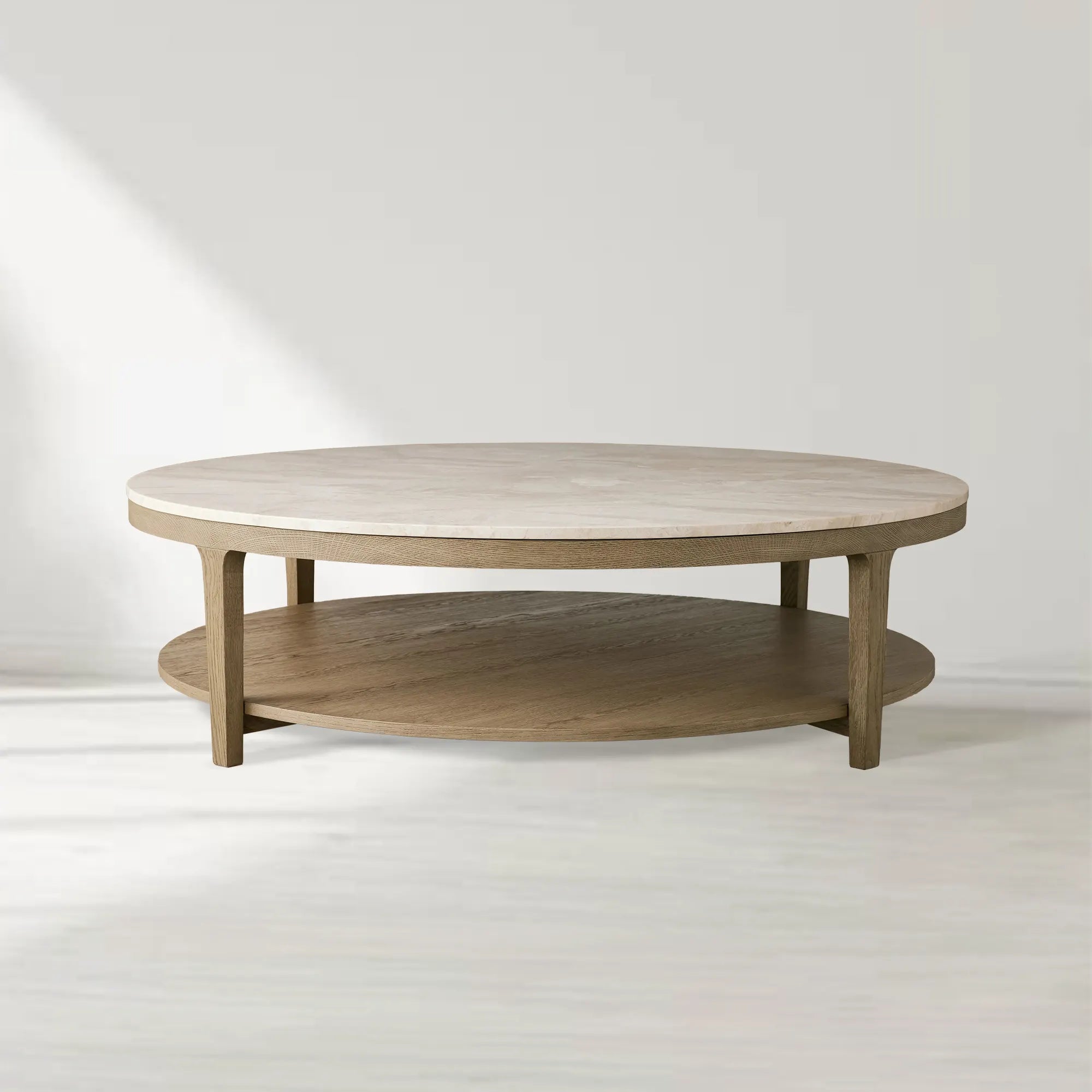 Danny Round Marble Top Coffee Table Oak Wood Base Cocktail Table Living Room Center Tea Table