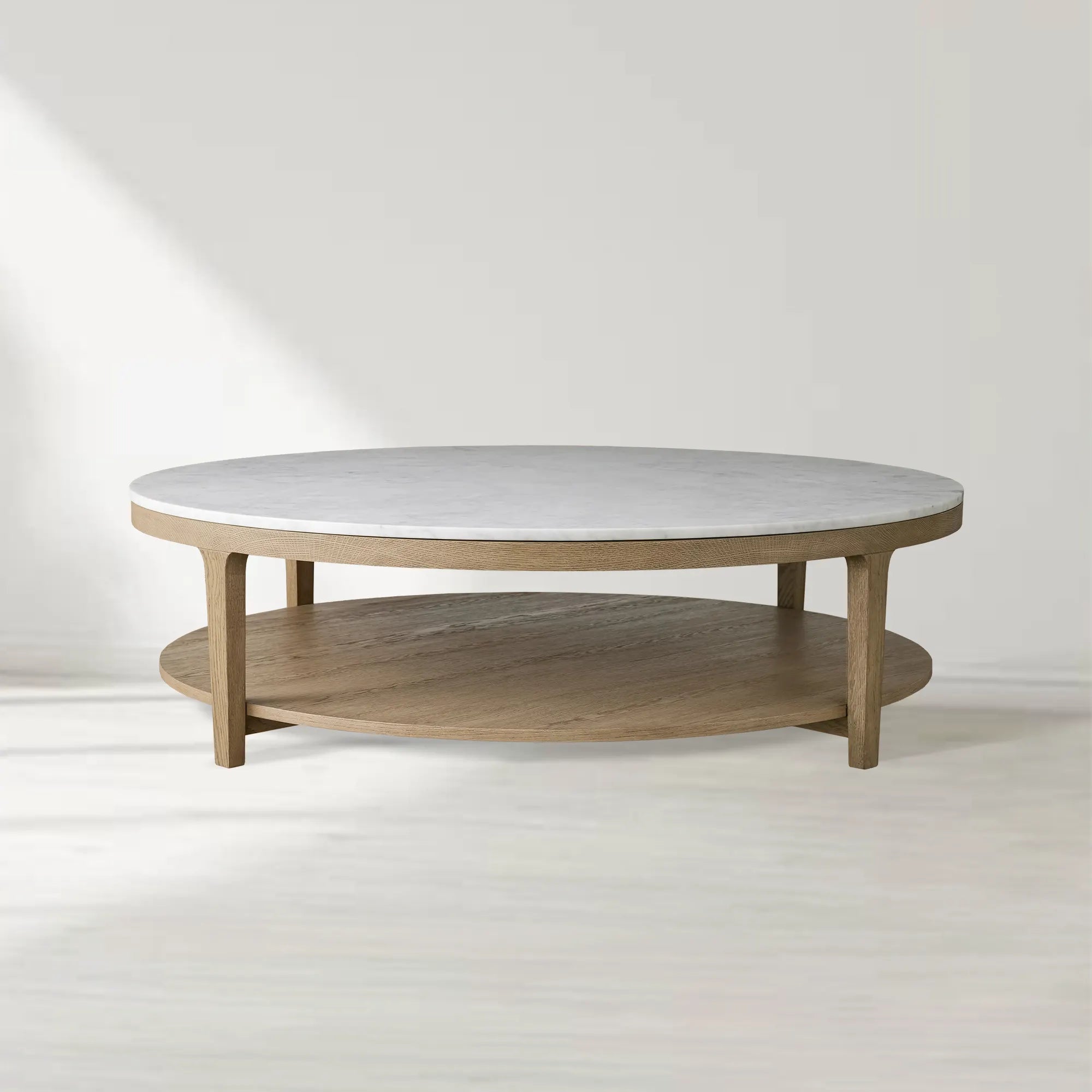 Danny Round Marble Top Coffee Table Oak Wood Base Cocktail Table Living Room Center Tea Table