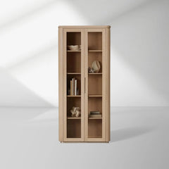 Caden Walnut Tall Display Cabinet Wood Curio Storage Cabinet Entryway China Cabinet Glass Door Bookcase