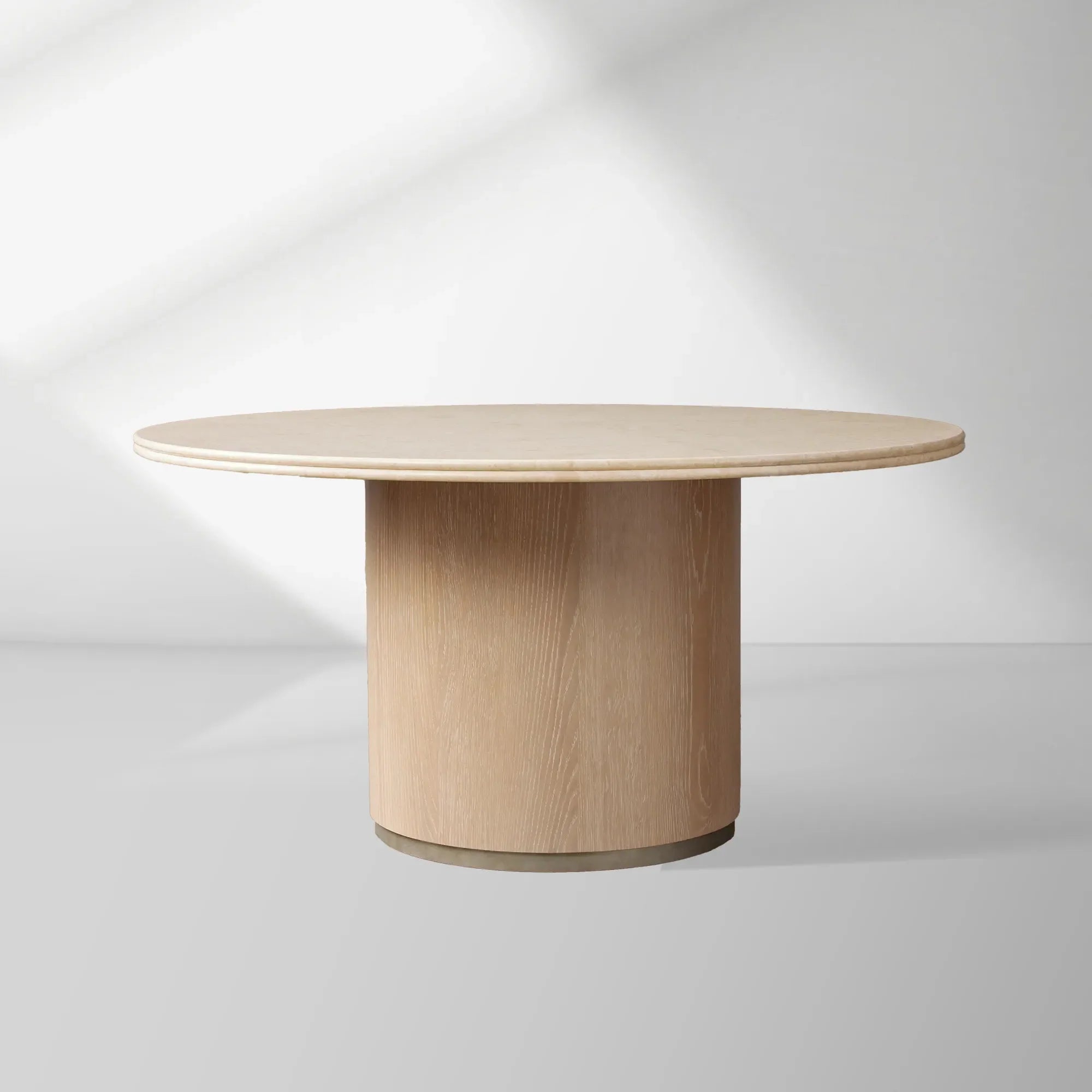 Caden Stone Top Round Dining Table in Walnut or Oak with Sculptural Base