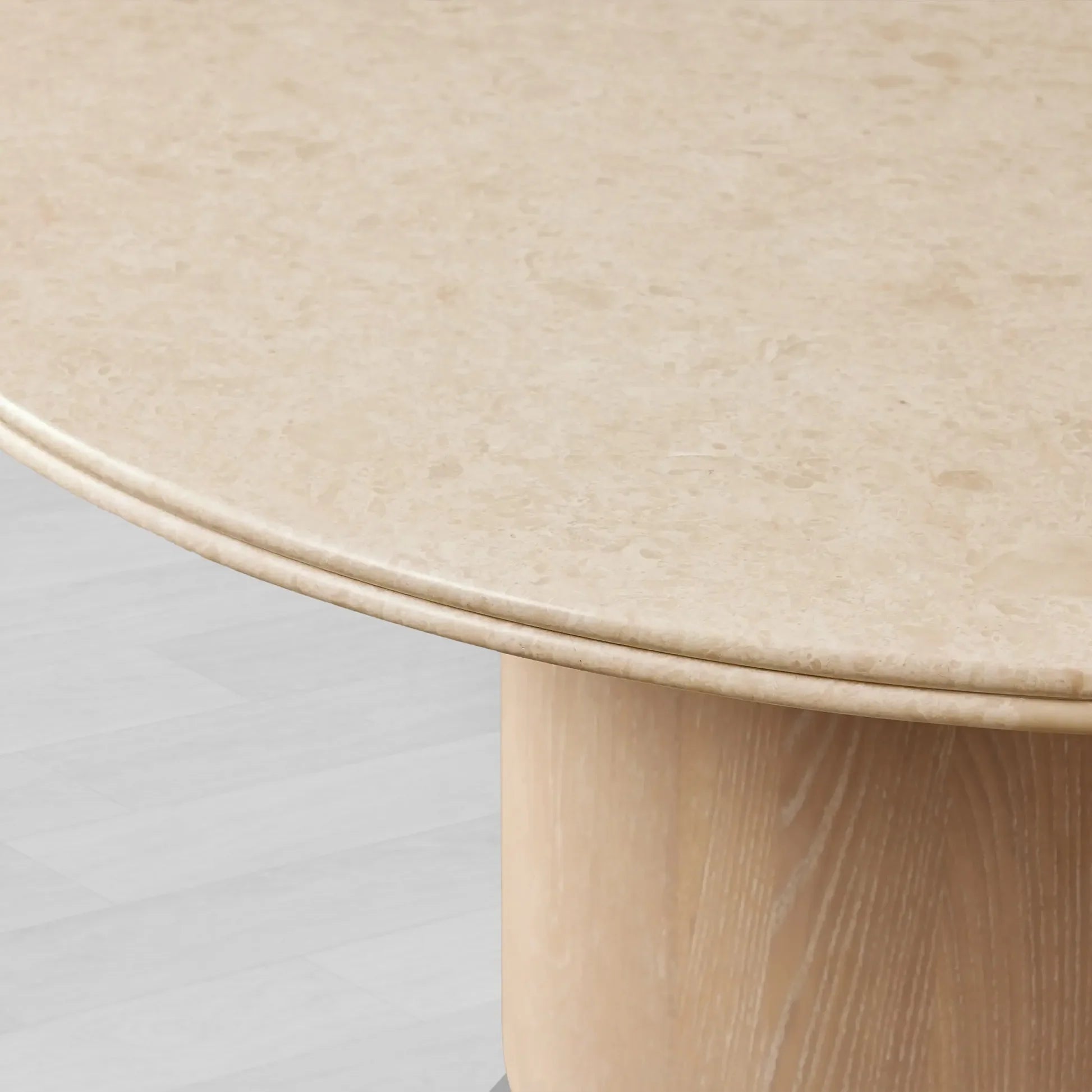 Caden Stone Top Round Dining Table in Walnut or Oak with Sculptural Base