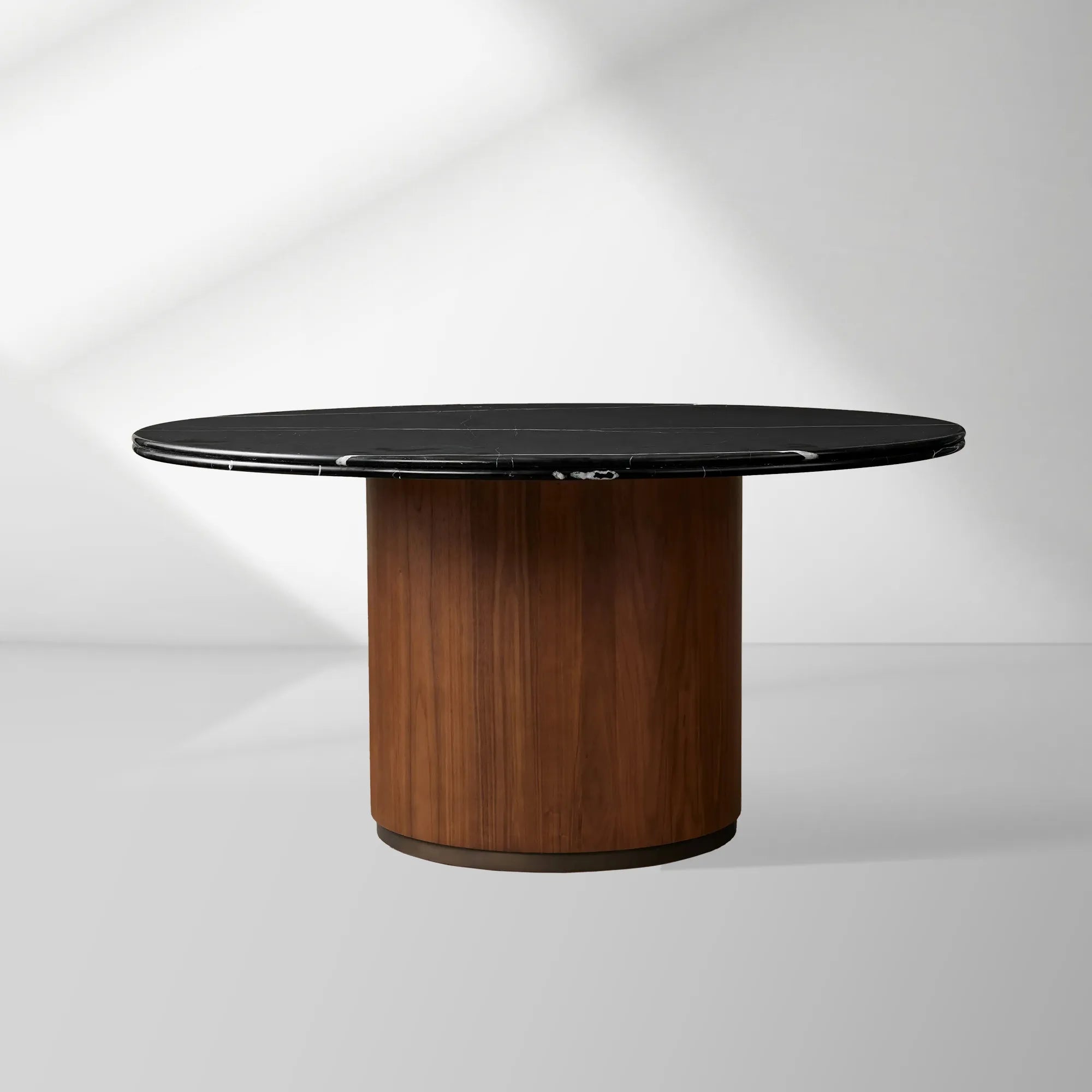 Caden Stone Top Round Dining Table in Walnut or Oak with Sculptural Base