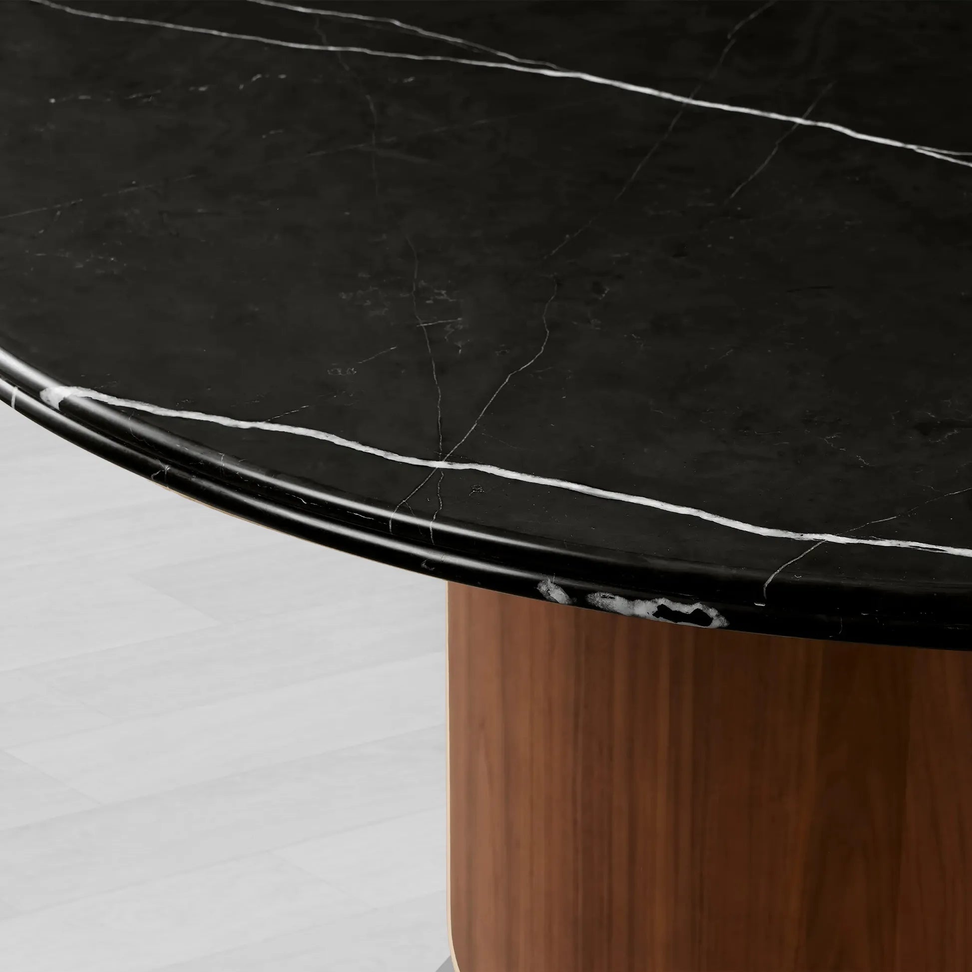 Caden Stone Top Round Dining Table in Walnut or Oak with Sculptural Base