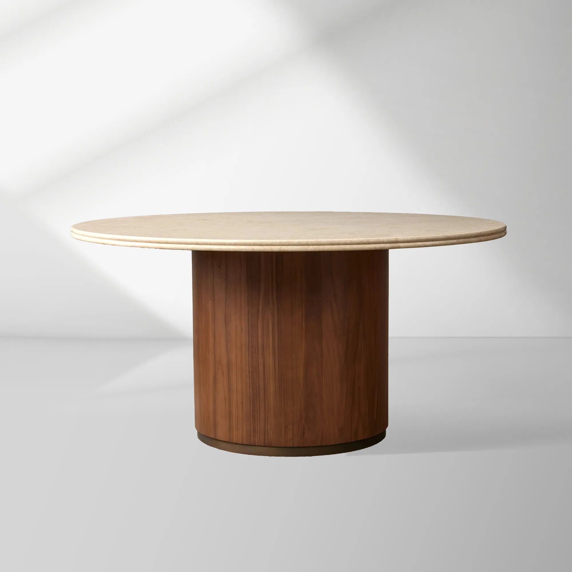 Caden Stone Top Round Dining Table in Walnut or Oak with Sculptural Base