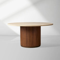 Caden Stone Top Round Dining Table in Walnut or Oak with Sculptural Base