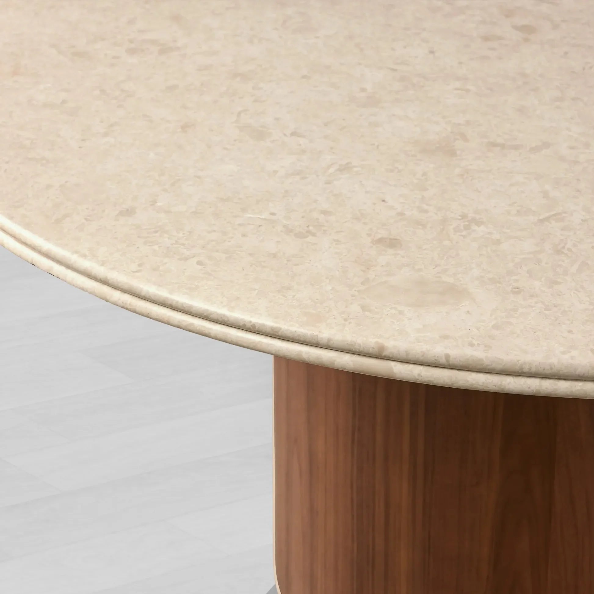 Caden Stone Top Round Dining Table in Walnut or Oak with Sculptural Base