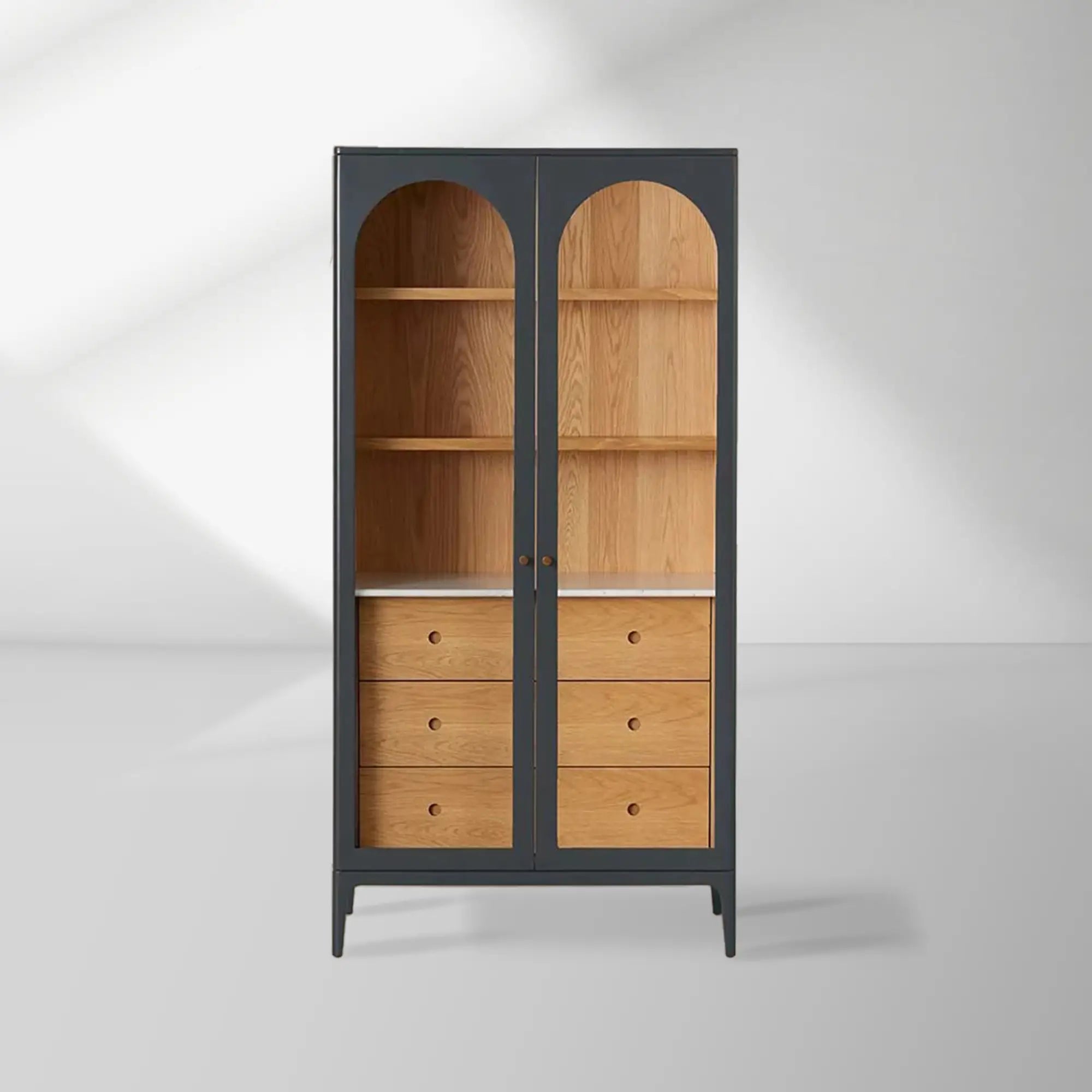 Linley Oak Wood Tall Display Cabinet Glass Door Bookcase with Drawers