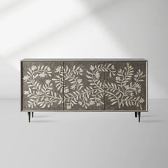 Divya Hand-Inlaid Bone Sideboard Oak Frame Buffet Table Jasmine Motif Living Room Entryways Cabinet