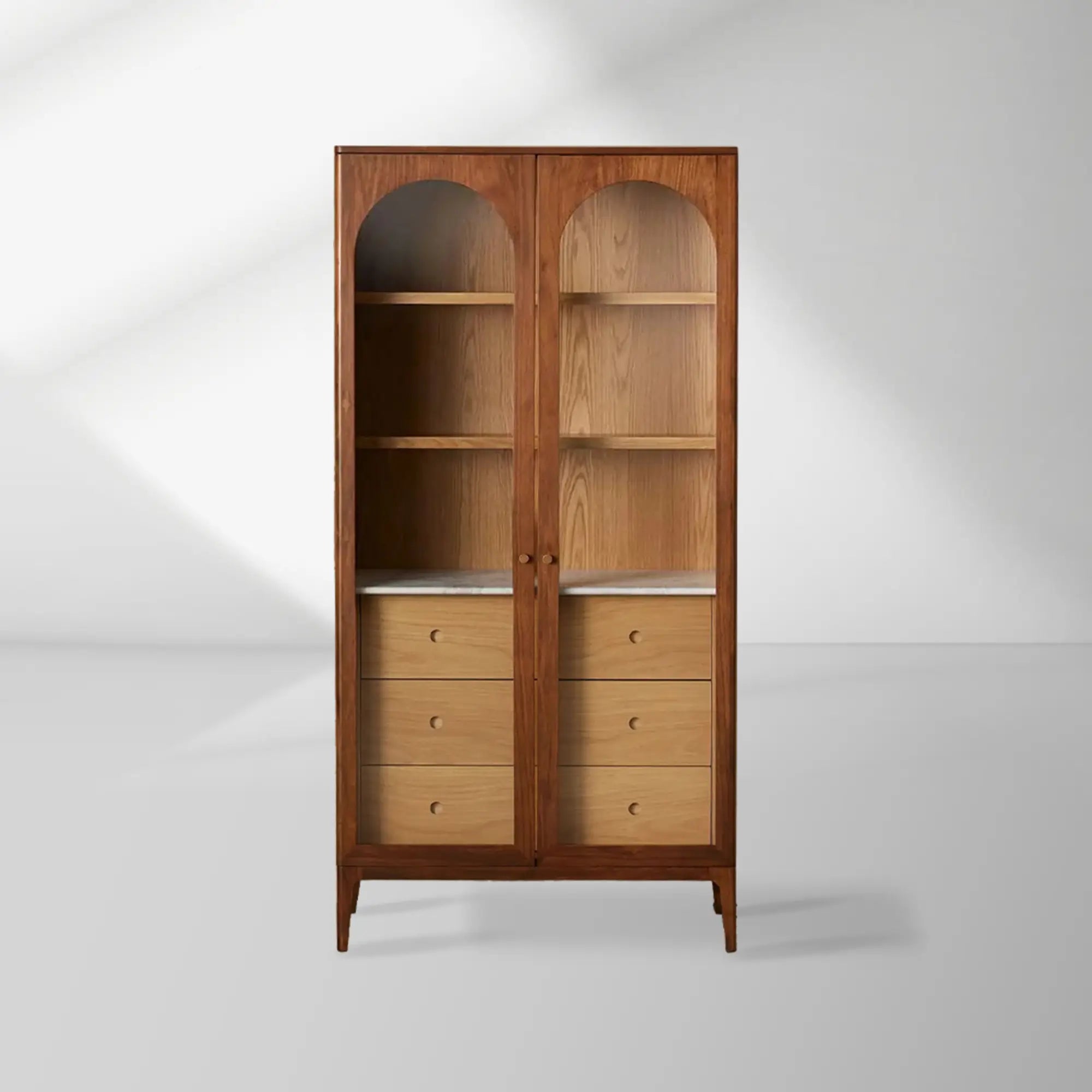 Linley Oak Wood Tall Display Cabinet Glass Door Bookcase with Drawers