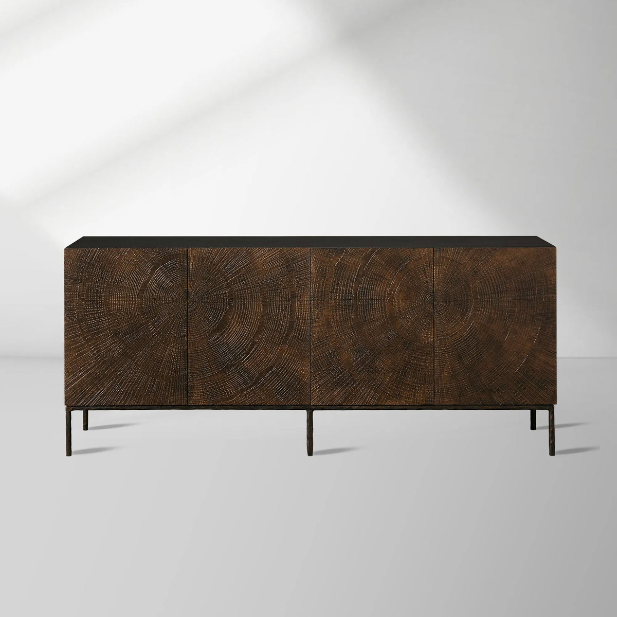 Theota Teak Sideboard Sunburst Pattern Buffet Table Wood Living Room Entryways Cabinet