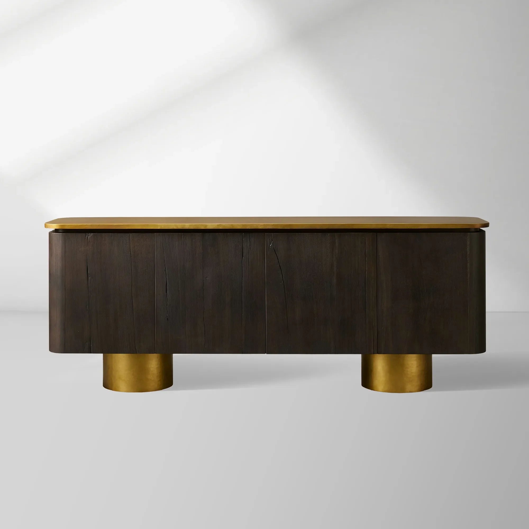 Neira Charred Walnut Sideboard with Aged Brass Legs Buffet Table Mid-Century Modern Living Room Entryways Cabinet