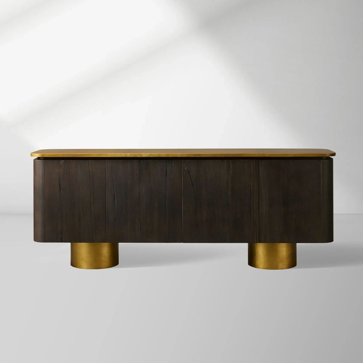 Neira Charred Walnut Sideboard with Aged Brass Legs Buffet Table Mid-Century Modern Living Room Entryways Cabinet