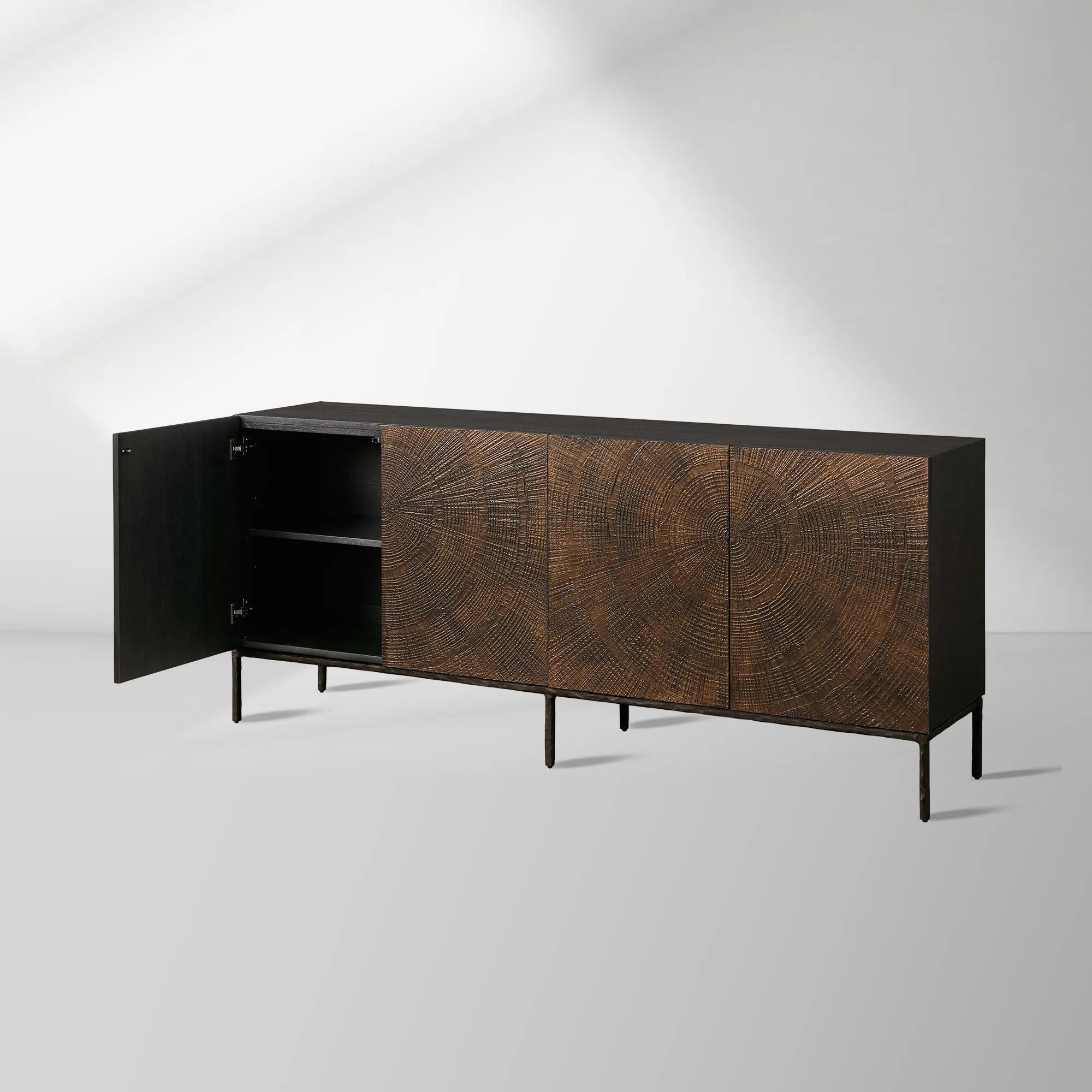 Theota Teak Sideboard Sunburst Pattern Buffet Table Wood Living Room Entryways Cabinet