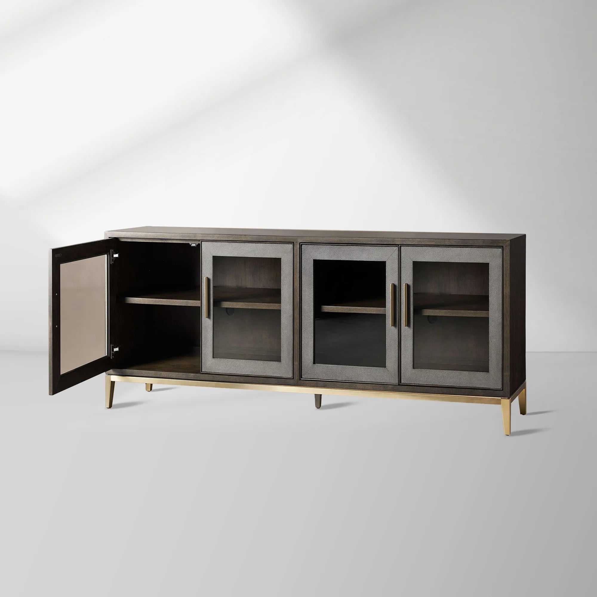 Malone leather Panels Sideboard Glass Doors Buffet Table Oak Wood Living Room Entryways Cabinet