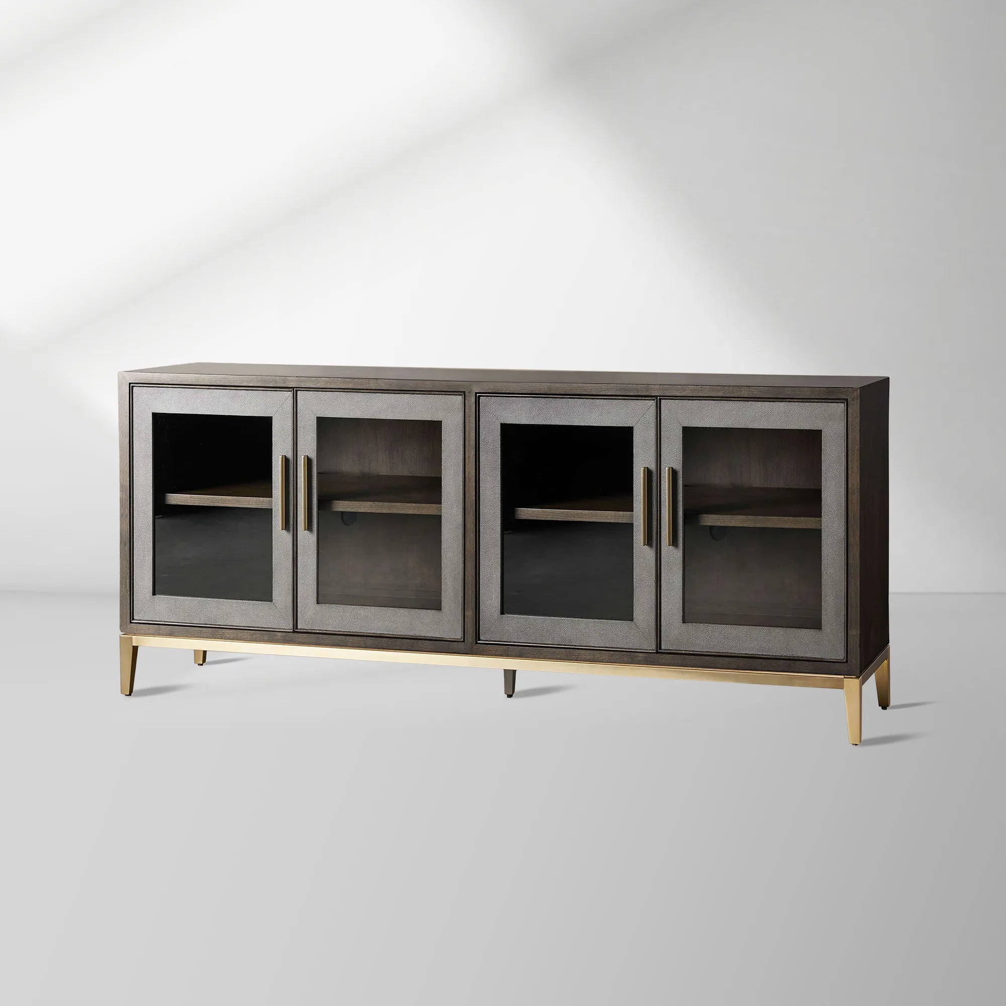 Malone leather Panels Sideboard Glass Doors Buffet Table Oak Wood Living Room Entryways Cabinet