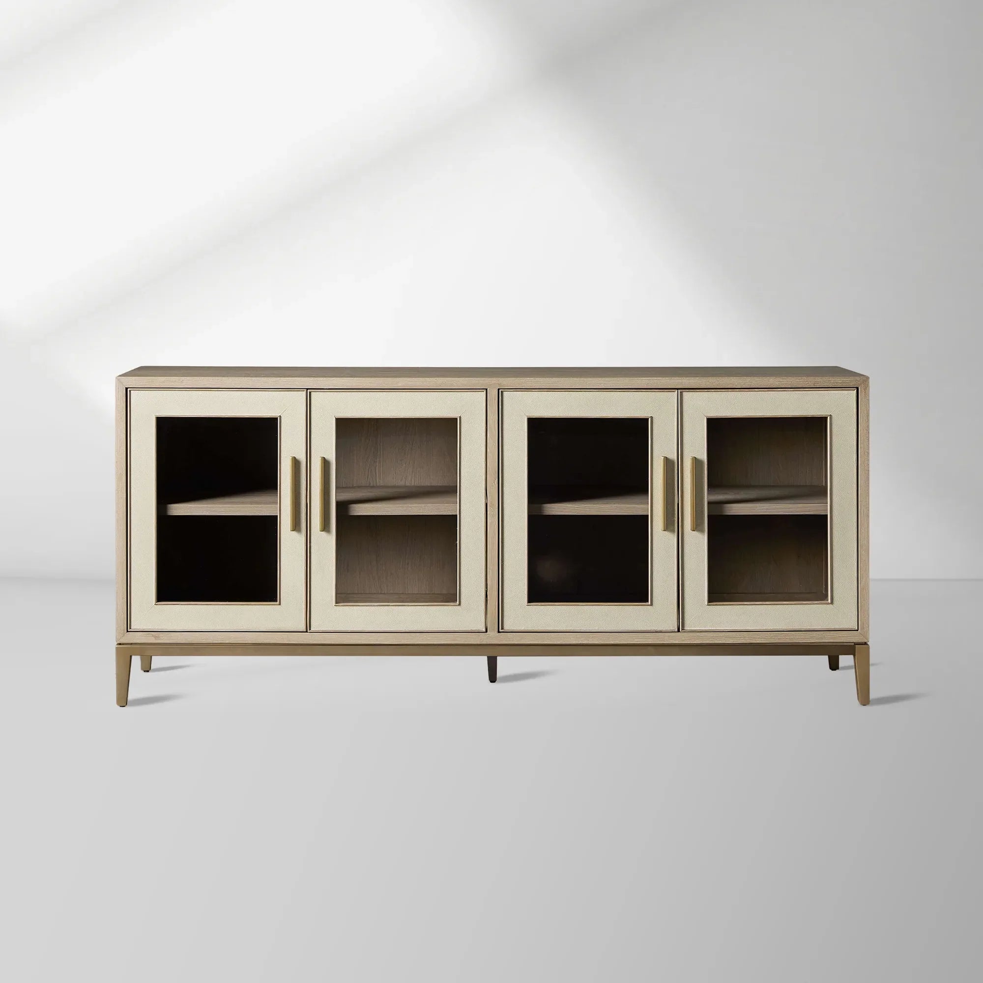 Malone leather Panels Sideboard Glass Doors Buffet Table Oak Wood Living Room Entryways Cabinet