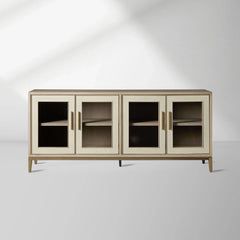 Malone leather Panels Sideboard Glass Doors Buffet Table Oak Wood Living Room Entryways Cabinet