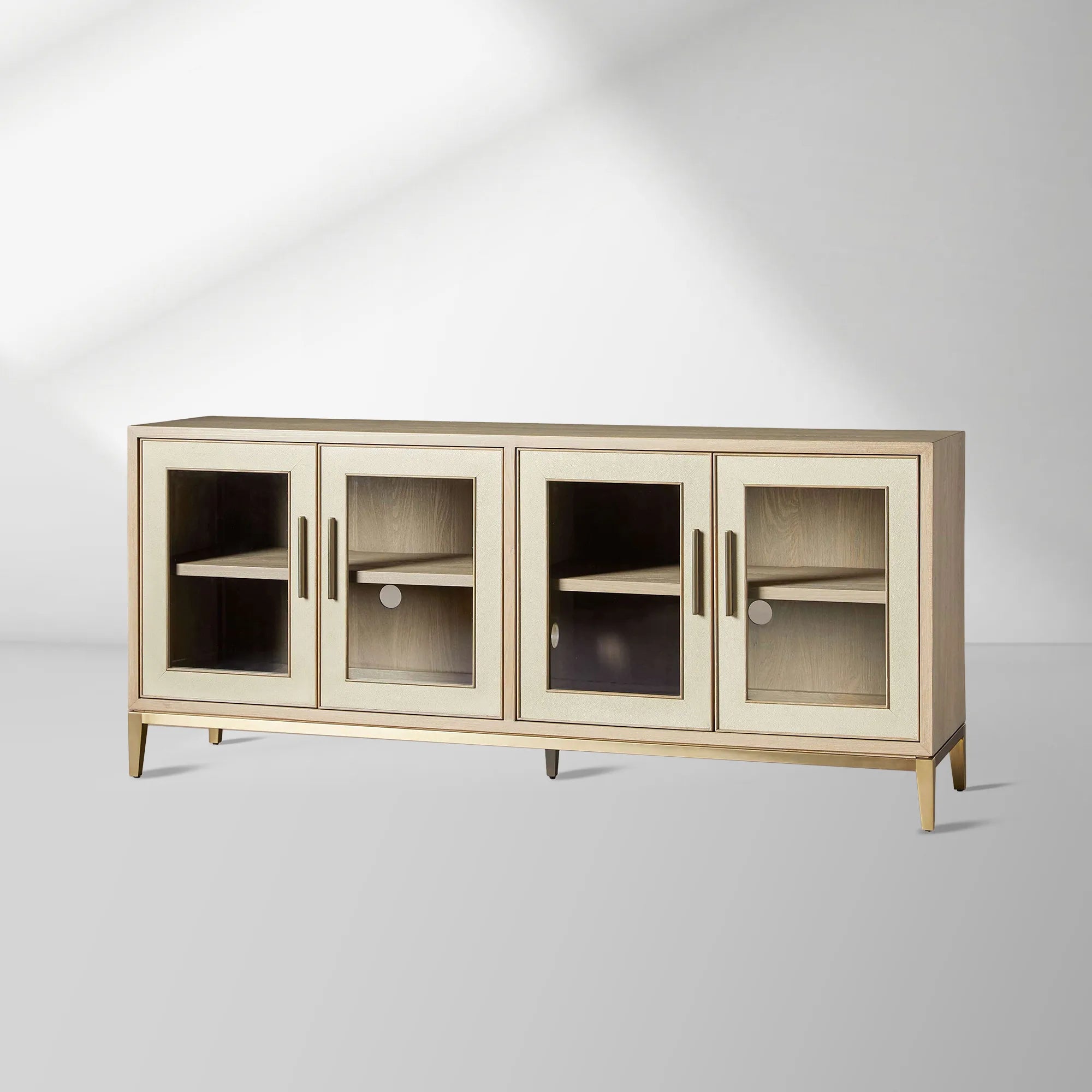 Malone leather Panels Sideboard Glass Doors Buffet Table Oak Wood Living Room Entryways Cabinet