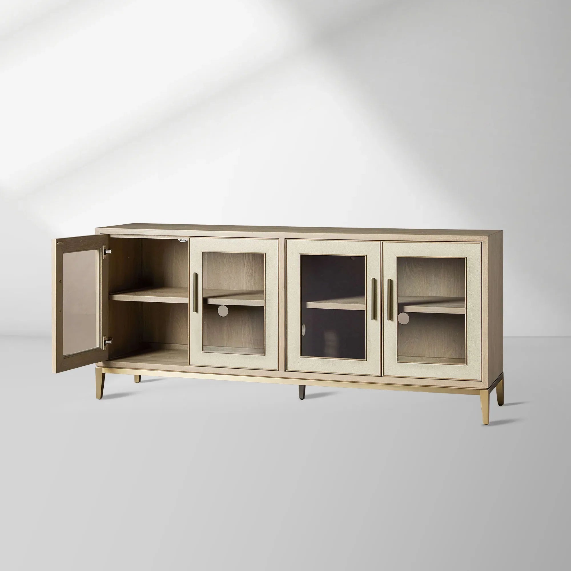 Malone leather Panels Sideboard Glass Doors Buffet Table Oak Wood Living Room Entryways Cabinet