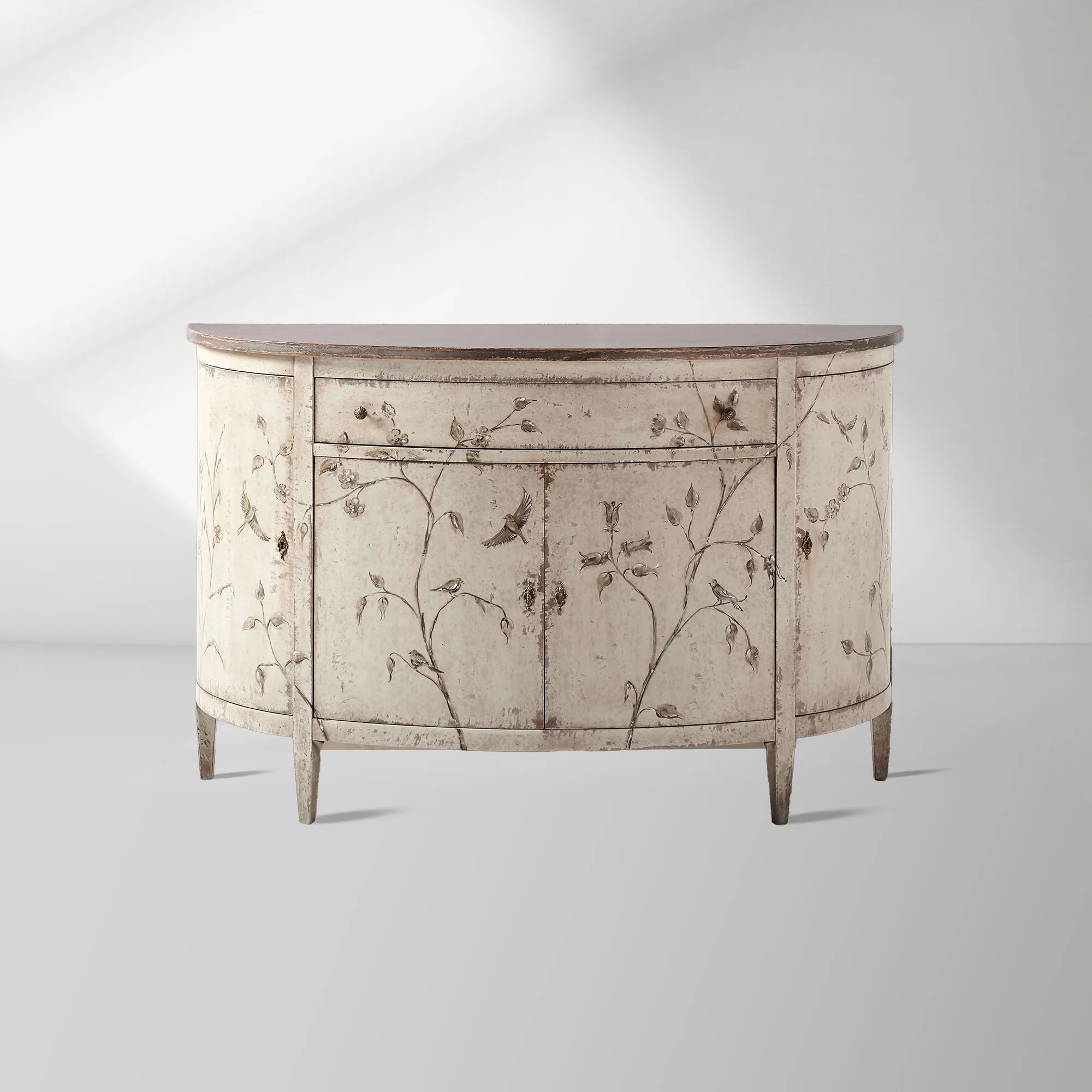 Sofia Bell'Arte Demilune Buffet Cabinet Bird Motif Sideboard Wood Living Room Entryways Cabinet