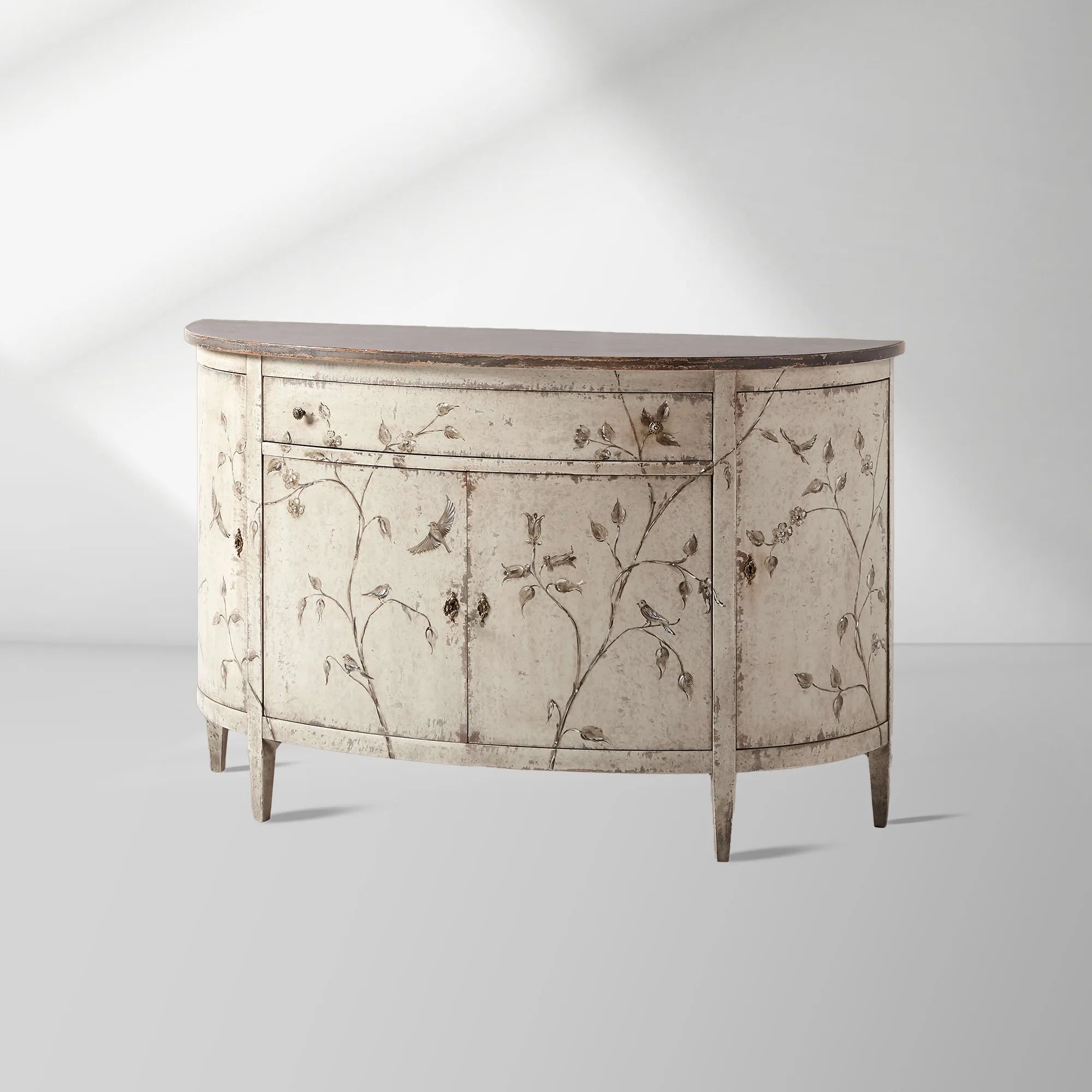 Sofia Bell'Arte Demilune Buffet Cabinet Bird Motif Sideboard Wood Living Room Entryways Cabinet