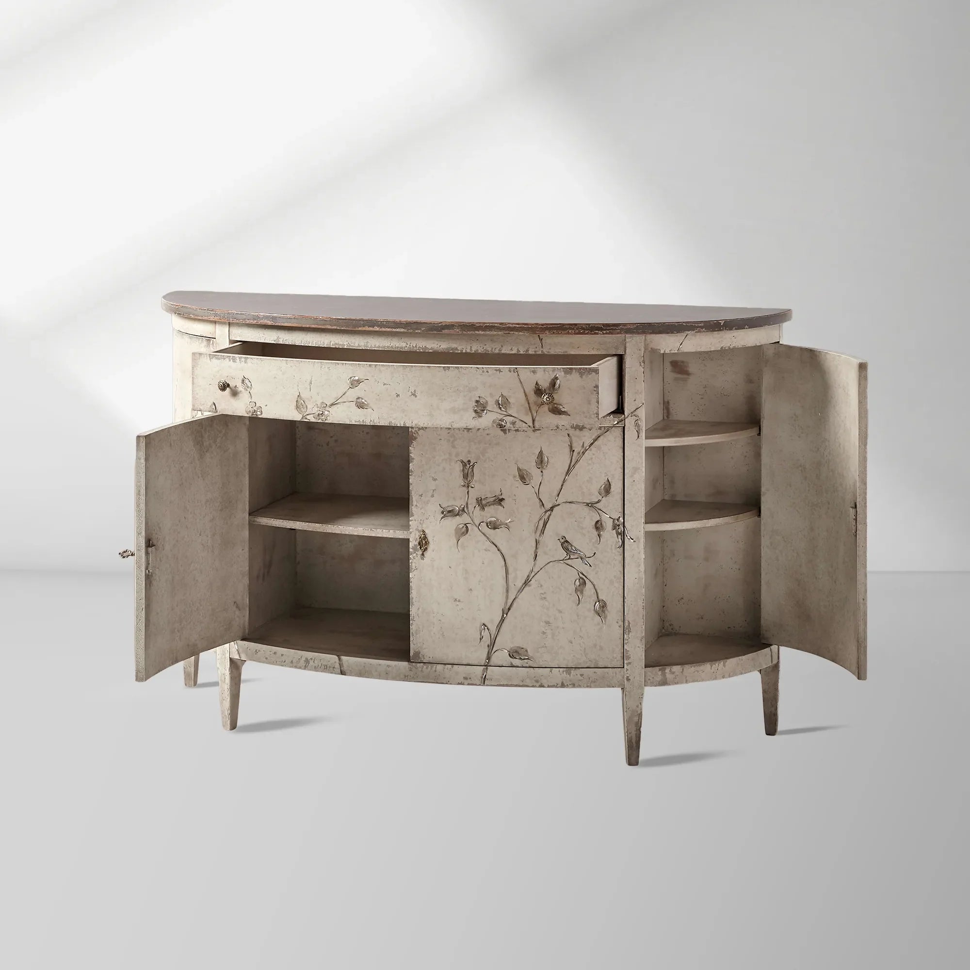 Sofia Bell'Arte Demilune Buffet Cabinet Bird Motif Sideboard Wood Living Room Entryways Cabinet