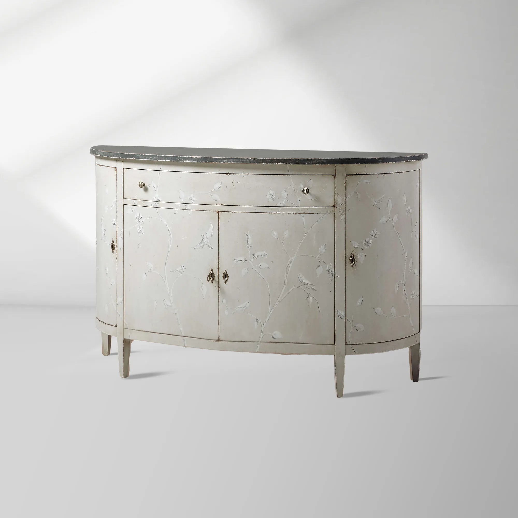 Sofia Bell'Arte Demilune Buffet Cabinet Bird Motif Sideboard Wood Living Room Entryways Cabinet