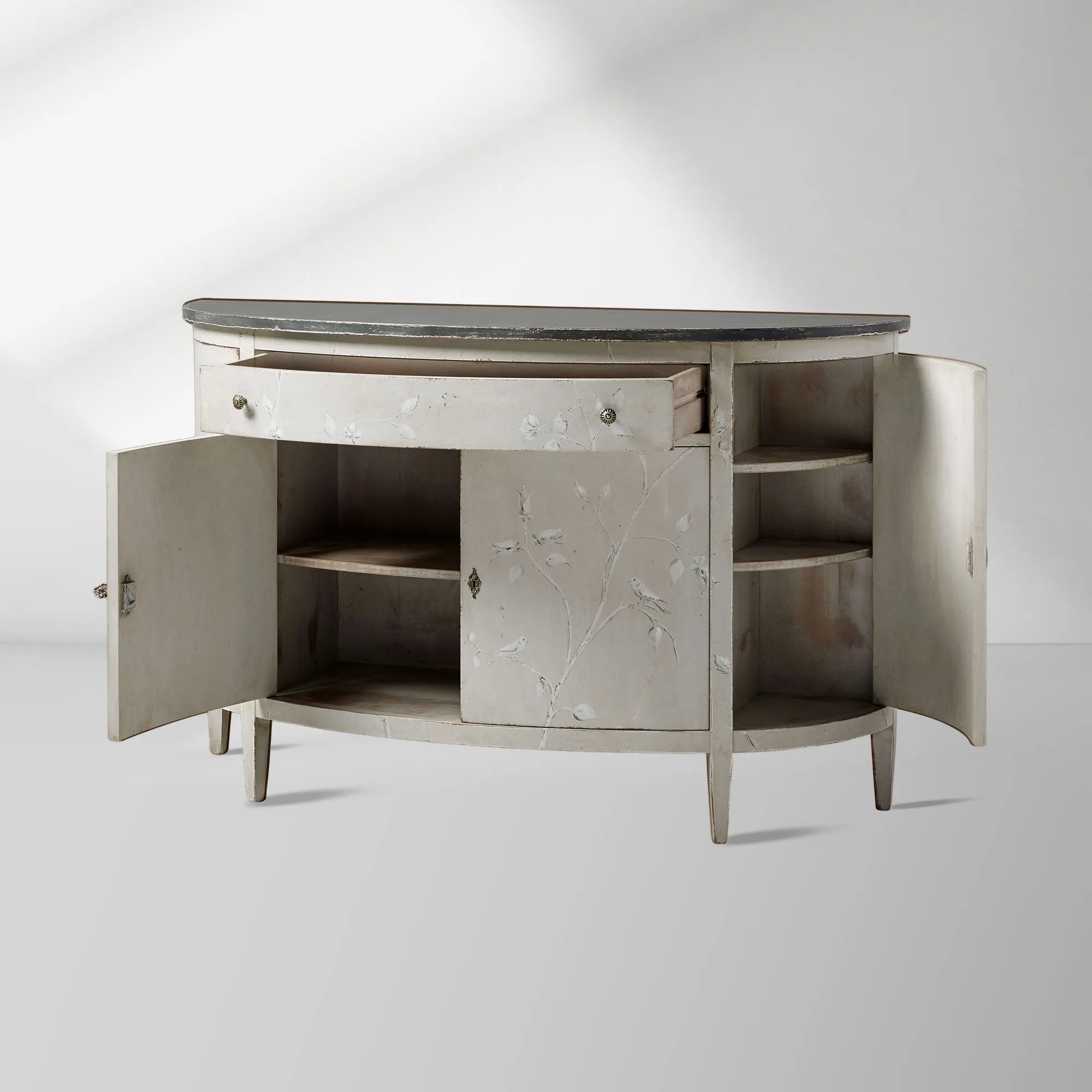 Sofia Bell'Arte Demilune Buffet Cabinet Bird Motif Sideboard Wood Living Room Entryways Cabinet