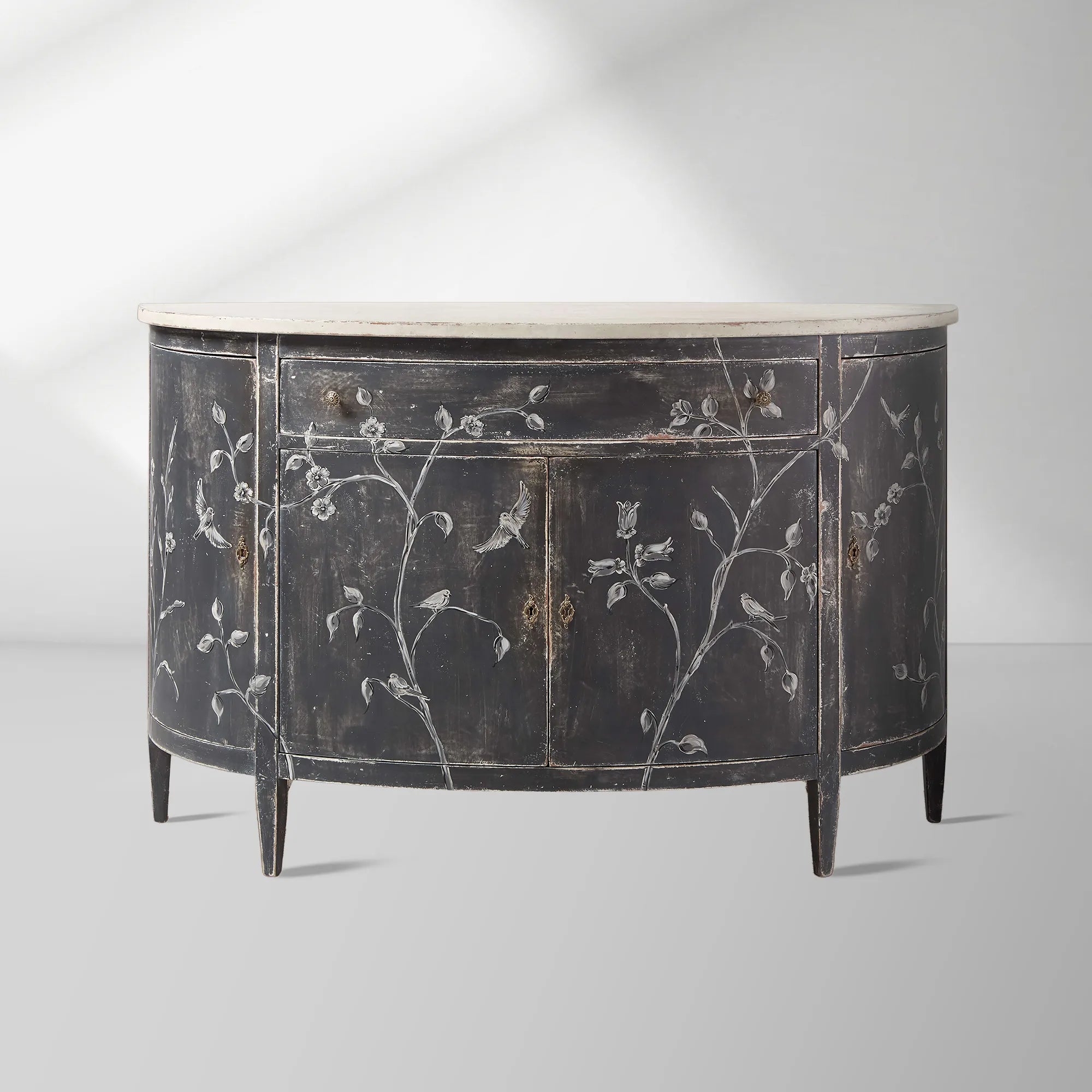Sofia Bell'Arte Demilune Buffet Cabinet Bird Motif Sideboard Wood Living Room Entryways Cabinet