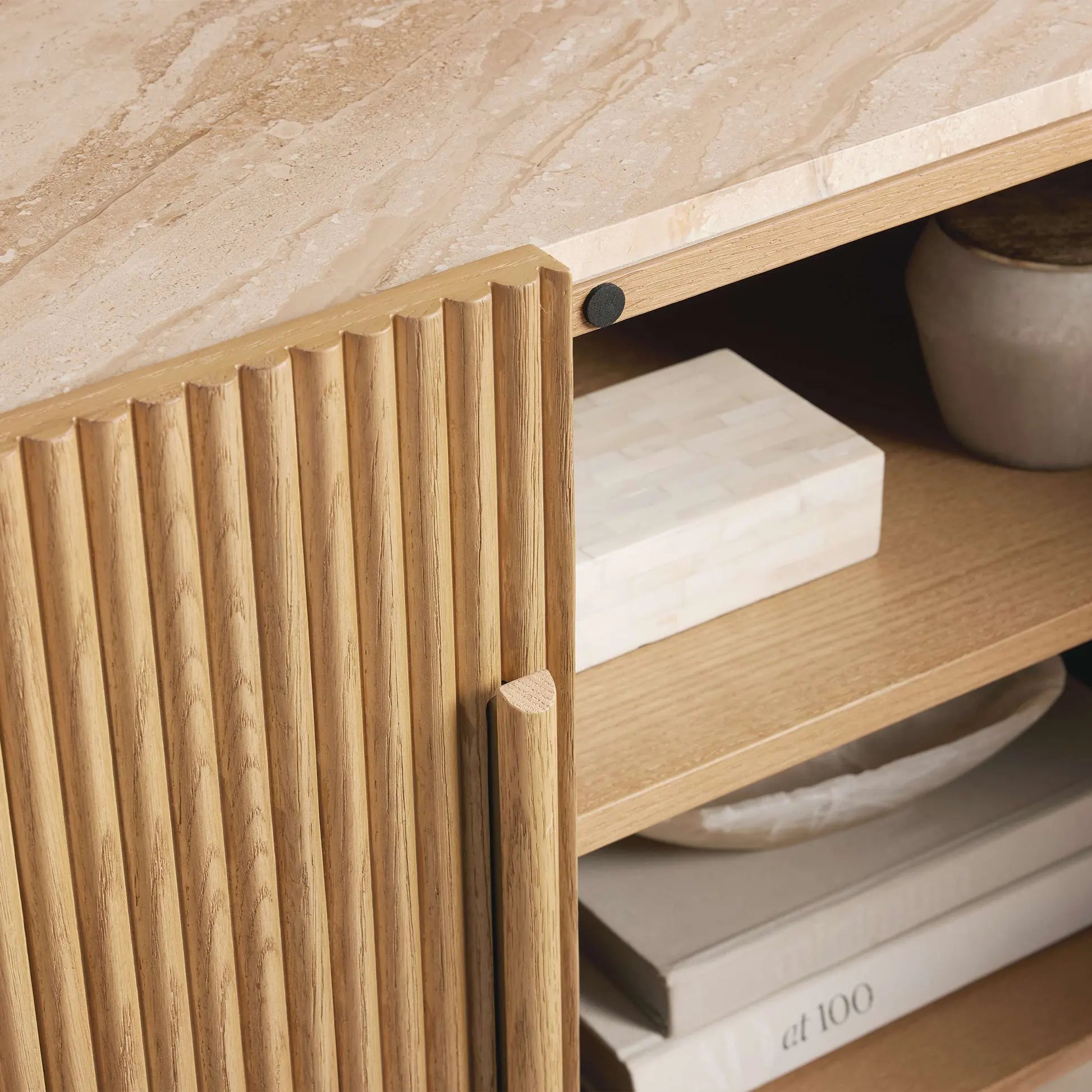 Astor Entryways Storage Sideboard Marble top Cabinet Oak Wood TV Stand Unit