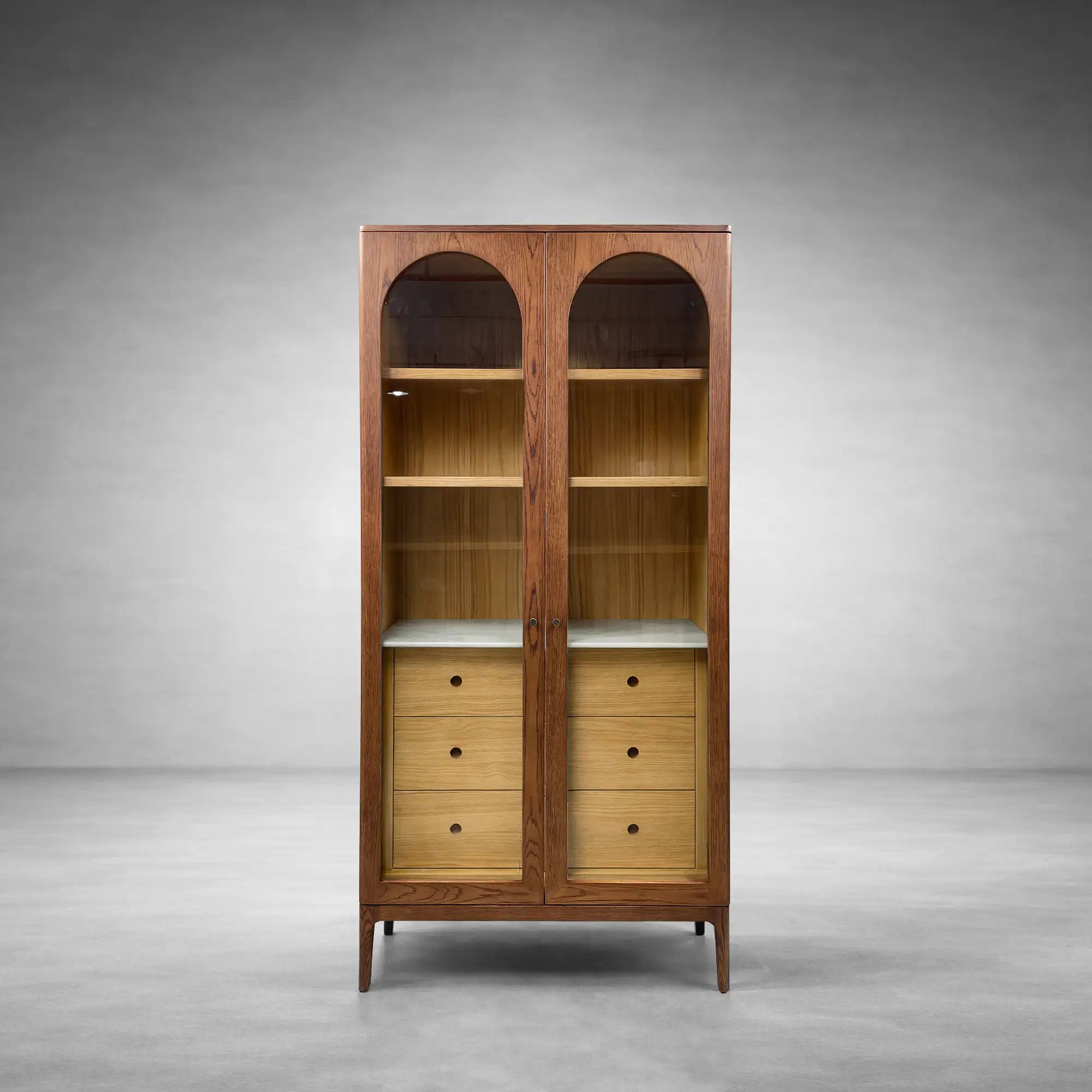 Linley Oak Wood Tall Display Cabinet Glass Door Bookcase with Drawers