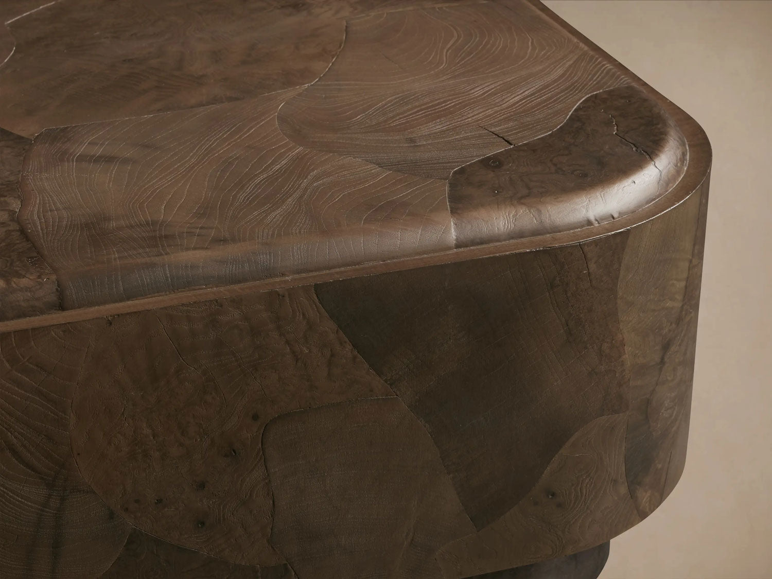 Polanco Ash Burl Plinth Coffee Table with Oxidized Steel Base