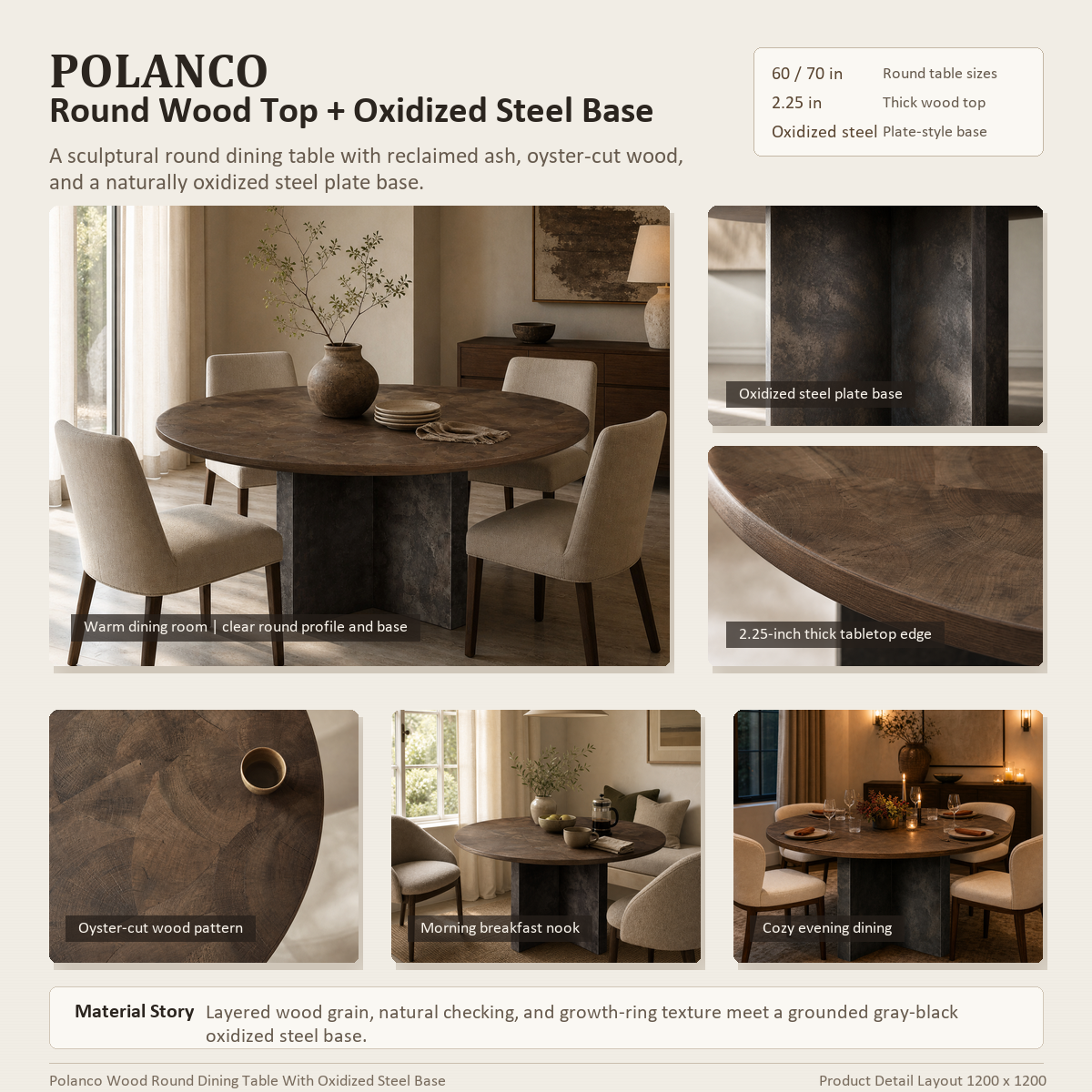 Polanco Wood Round Dining Table With Oxidized Steel Base