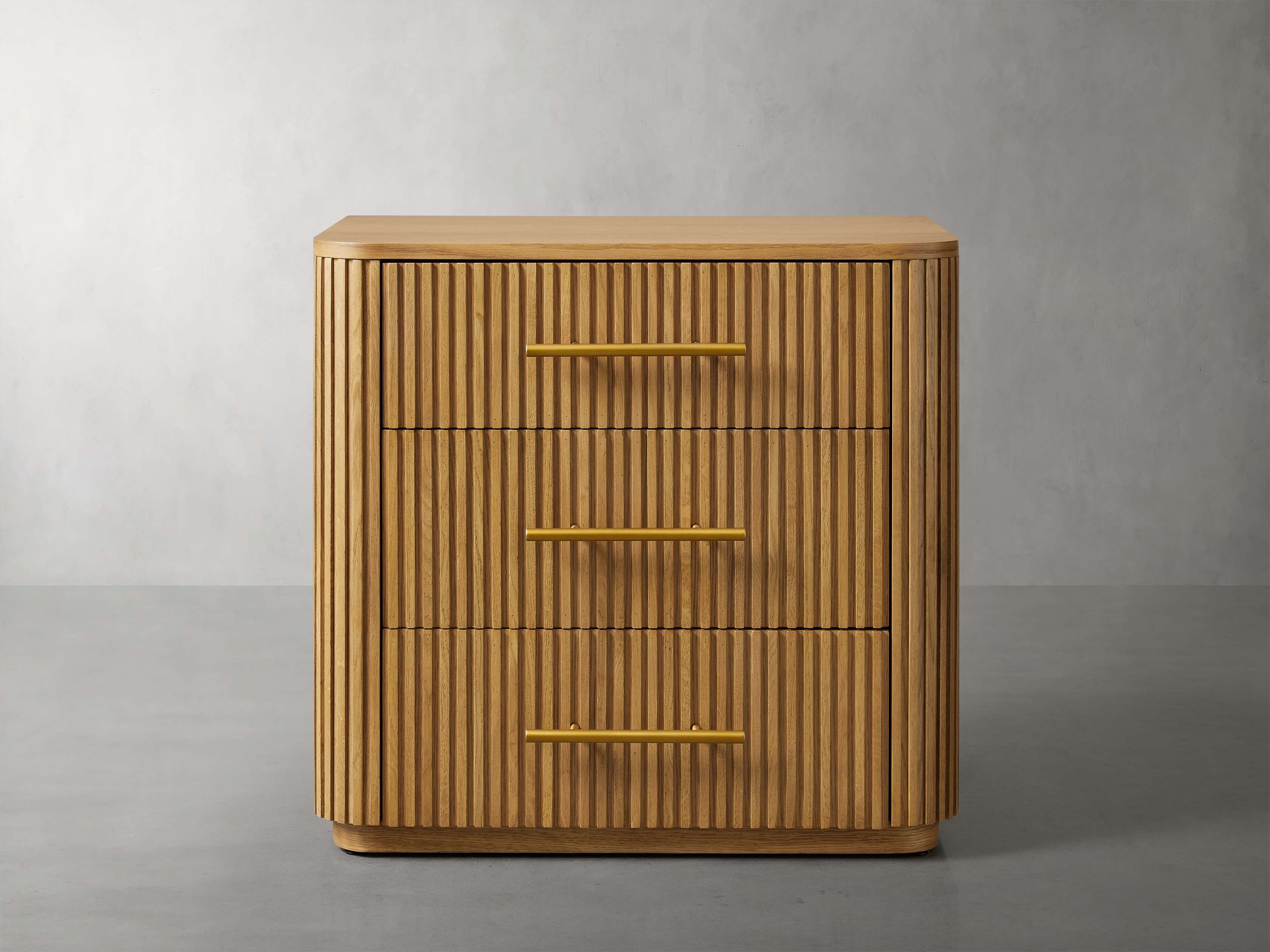 Finnley Wood Nightstand Three Drawers Chest Reeded Nightside Table