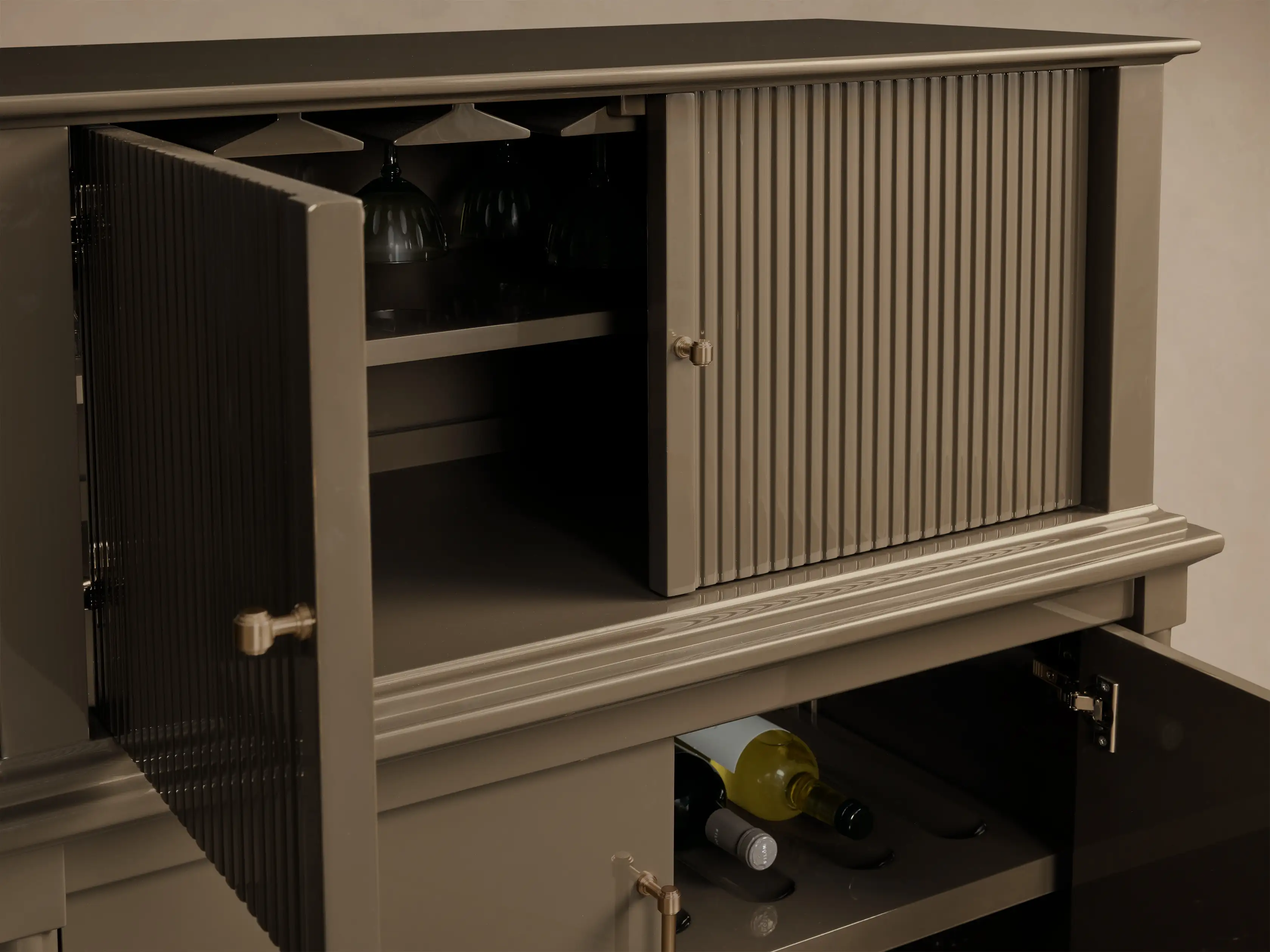 Oakleigh Reeded Bar Cabinet – Solid Wood with Brass Hardware