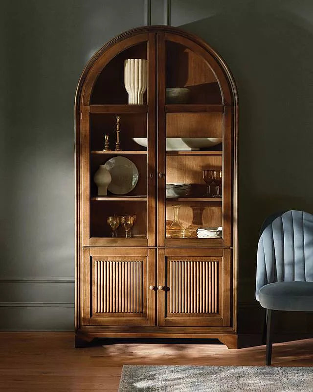 Giotto Antique Tall Display Cabinet Wood Side Storage Cabinet Bookcase with Glass Doors