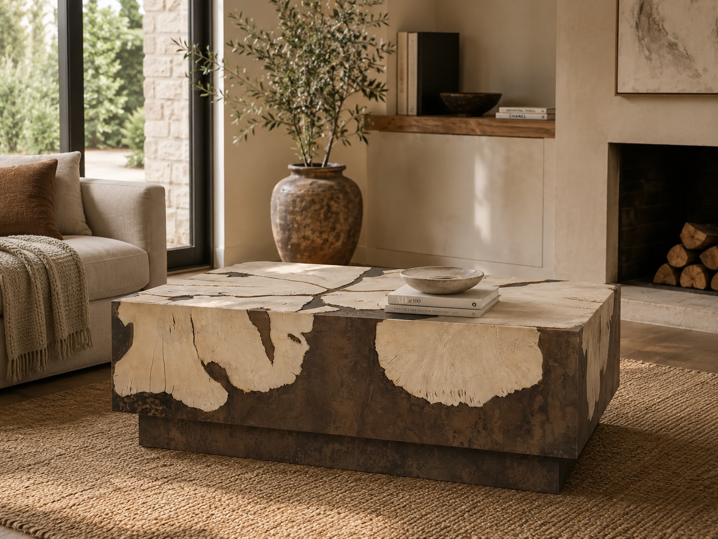 Obra Salvaged Burl Coffee Table Living Room Steel Base Cocktail Table Wood Center Tea Table