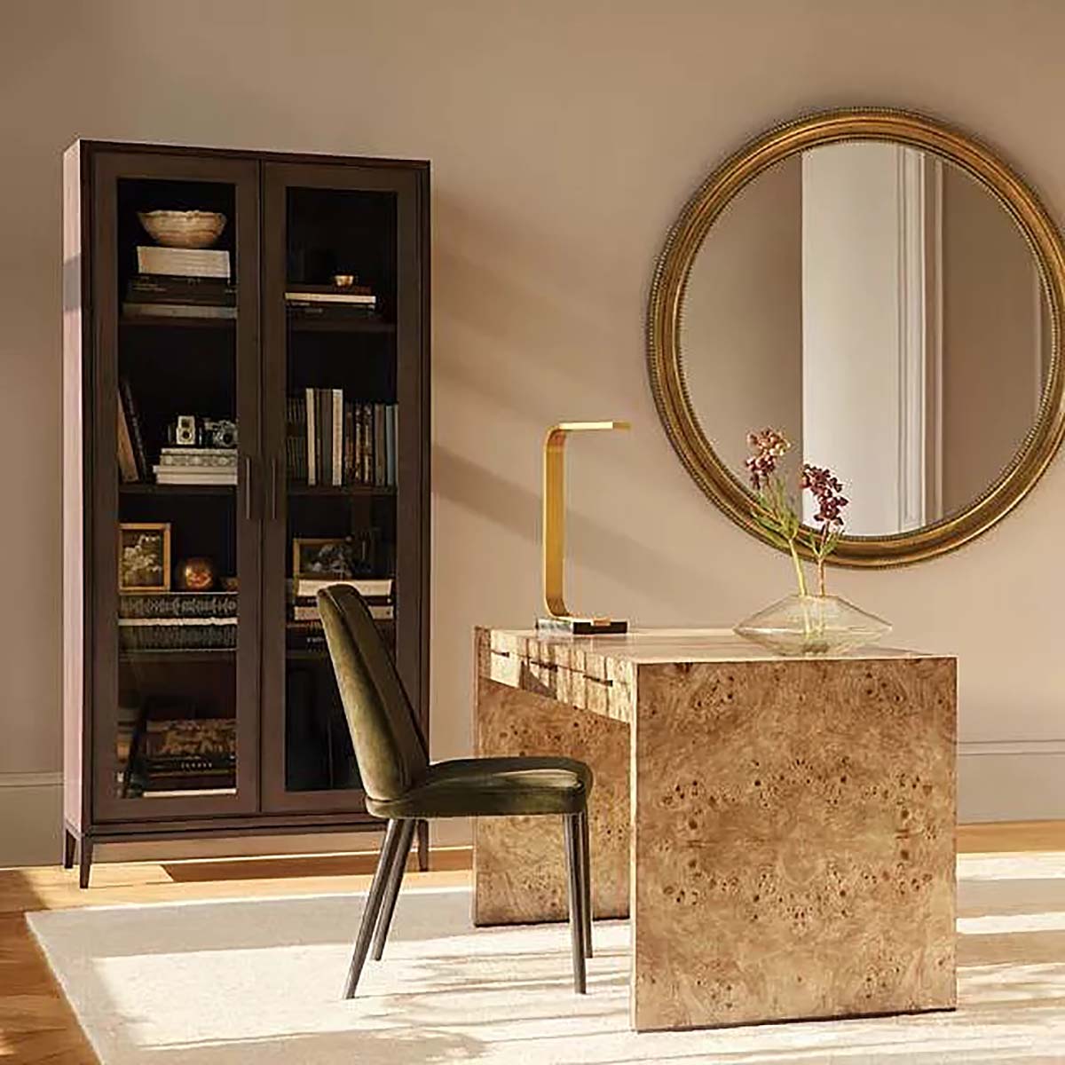 Malone Textured Leather Tall Display Cabinet Wood Storage Cabinet with Glass Doors