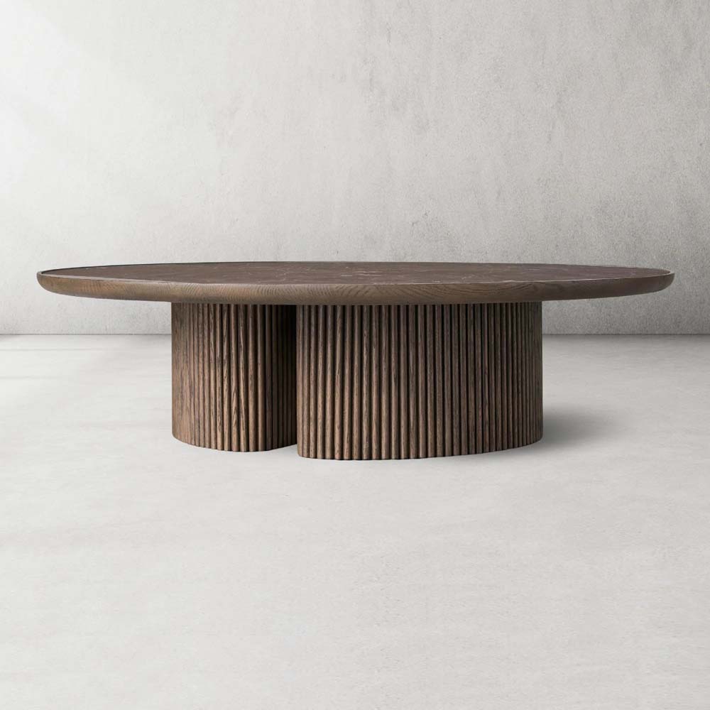 Astor Round Marble Top Coffee Table Wood Cocktail Table Reeded Oak Base Sofa Center Tea Table