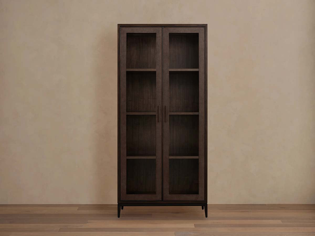 Malone Textured Leather Tall Display Cabinet Wood Storage Cabinet with Glass Doors