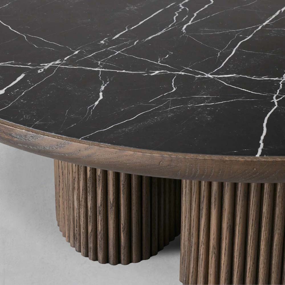 Astor Round Marble Top Coffee Table Wood Cocktail Table Reeded Oak Base Sofa Center Tea Table