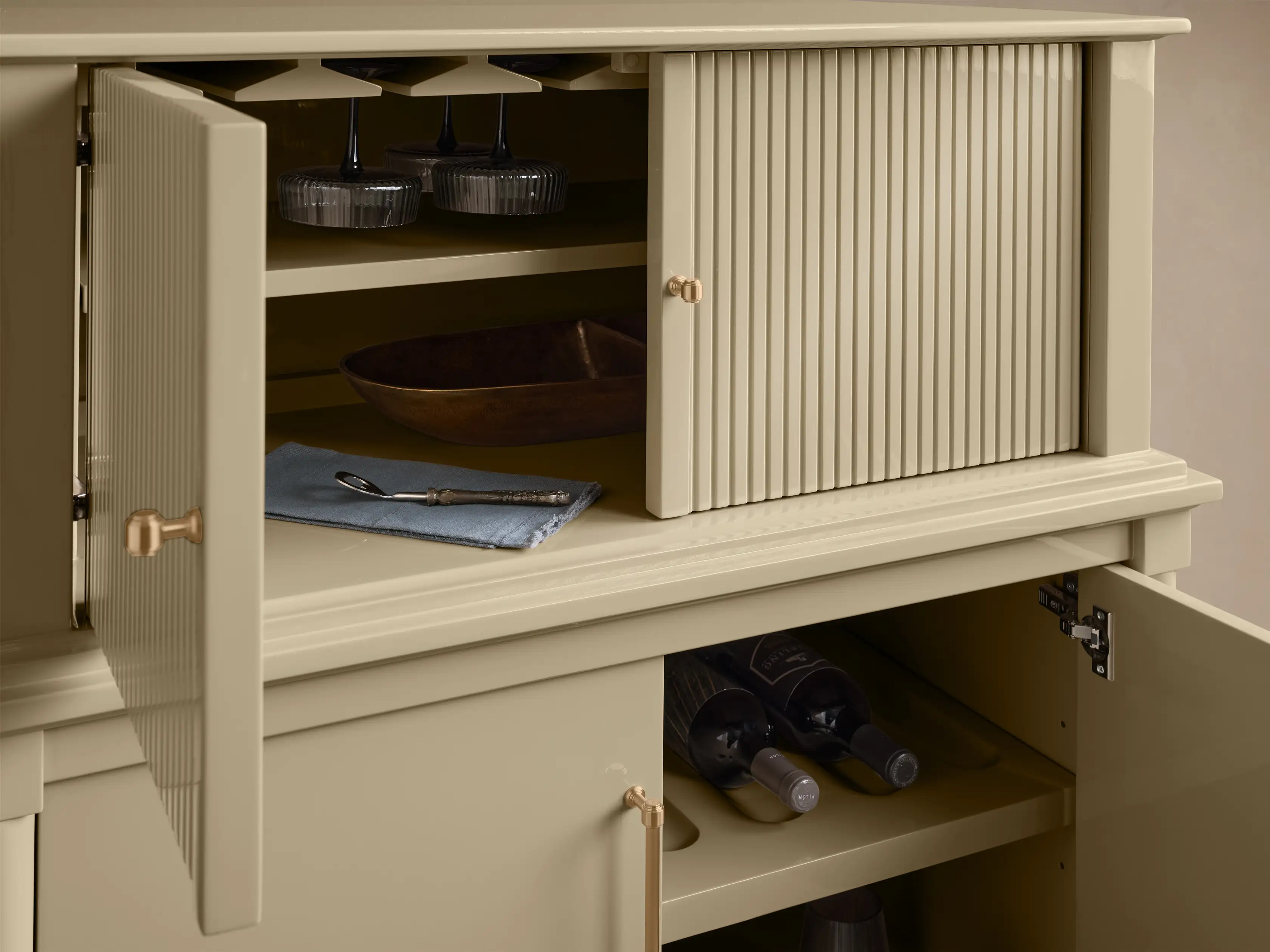 Oakleigh Reeded Bar Cabinet – Solid Wood with Brass Hardware