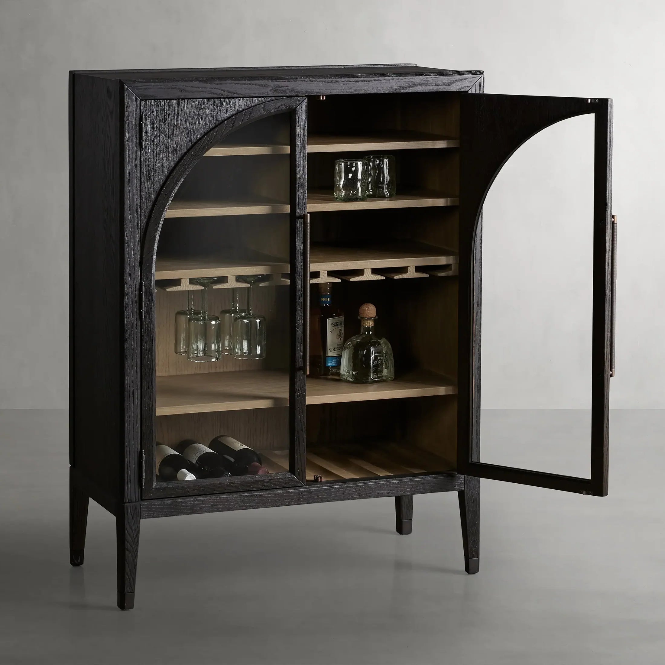 Hattie Wood Low Bar Cabinet Mid-century Modern Oak Wine cabinet