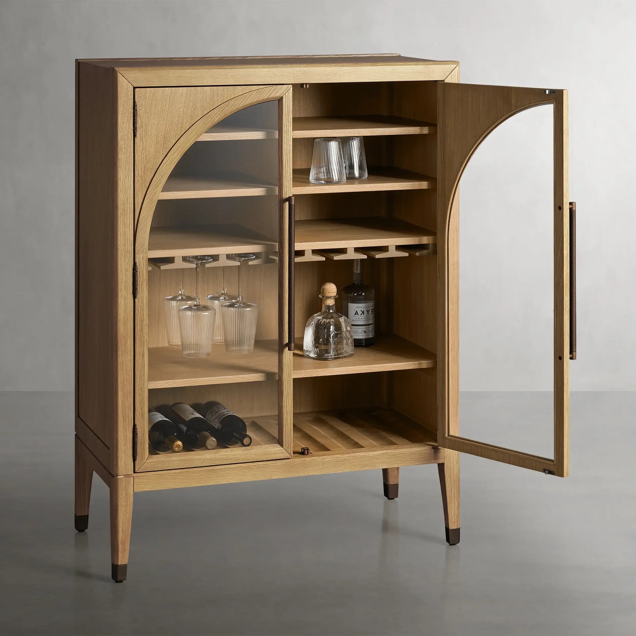Hattie Wood Low Bar Cabinet Mid-century Modern Oak Wine cabinet