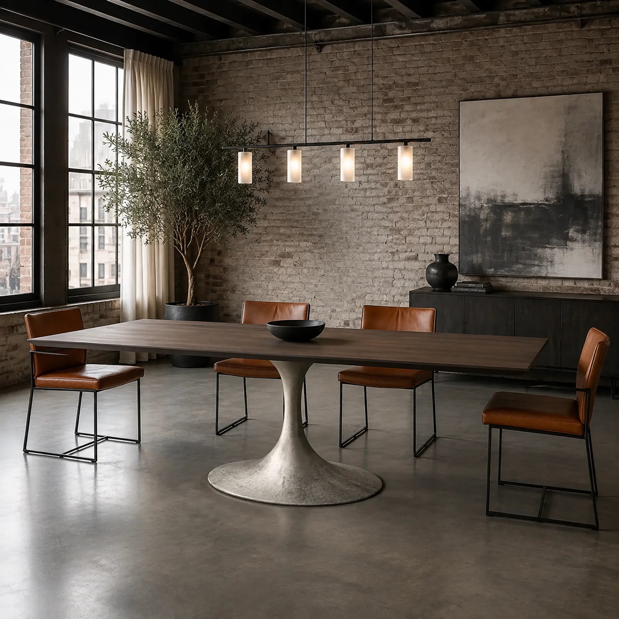 Aero Rectangular Wood Dining Table with Sculptural Steel Base