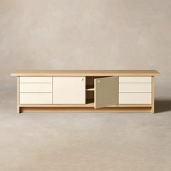 86" Leather Console, White Oak or Walnut Media Cabinet