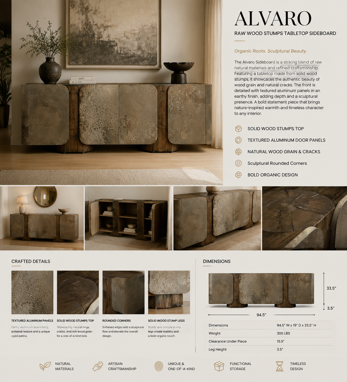 Alvaro Raw Wood Stumps Tabletop Sideboard Aluminum Buffet Table Living Room Entryways Cabinet